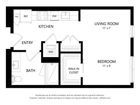 Floor plan for studio, 1 bath, 518 sqft